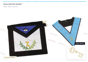 Pack 4e degré REAA et GOE Maître Secret avec tablier, sautoir et bijou décorés de la lettre Z, du laurier et de l’olivier.